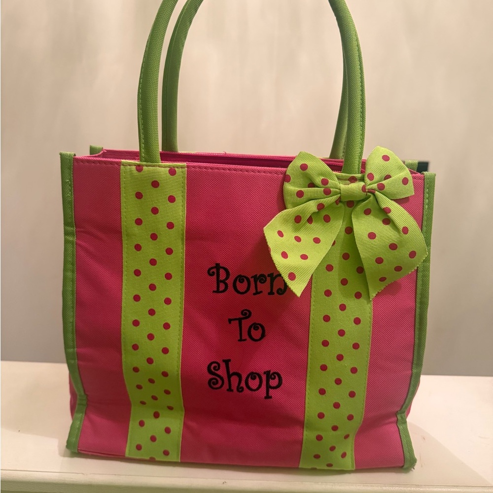 Bright Pink & Lime Green 'Born to Shop' Tote Bag